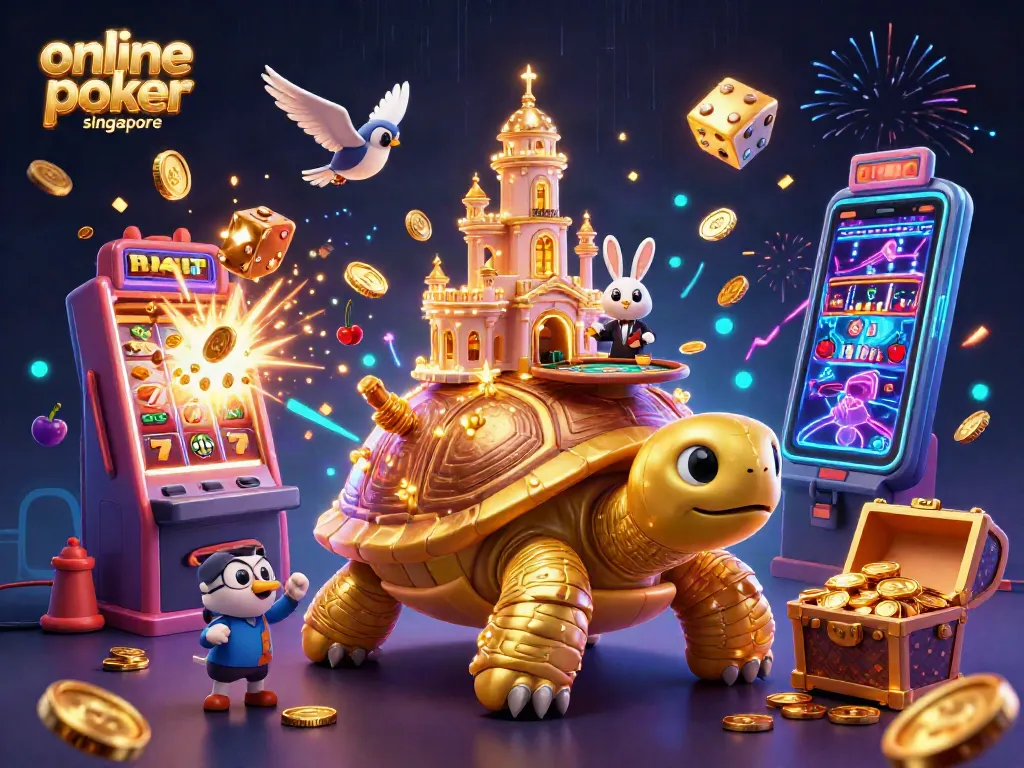 Experience online poker Singapore with a dynamic casino scene featuring golden tortoise and lively dealer.