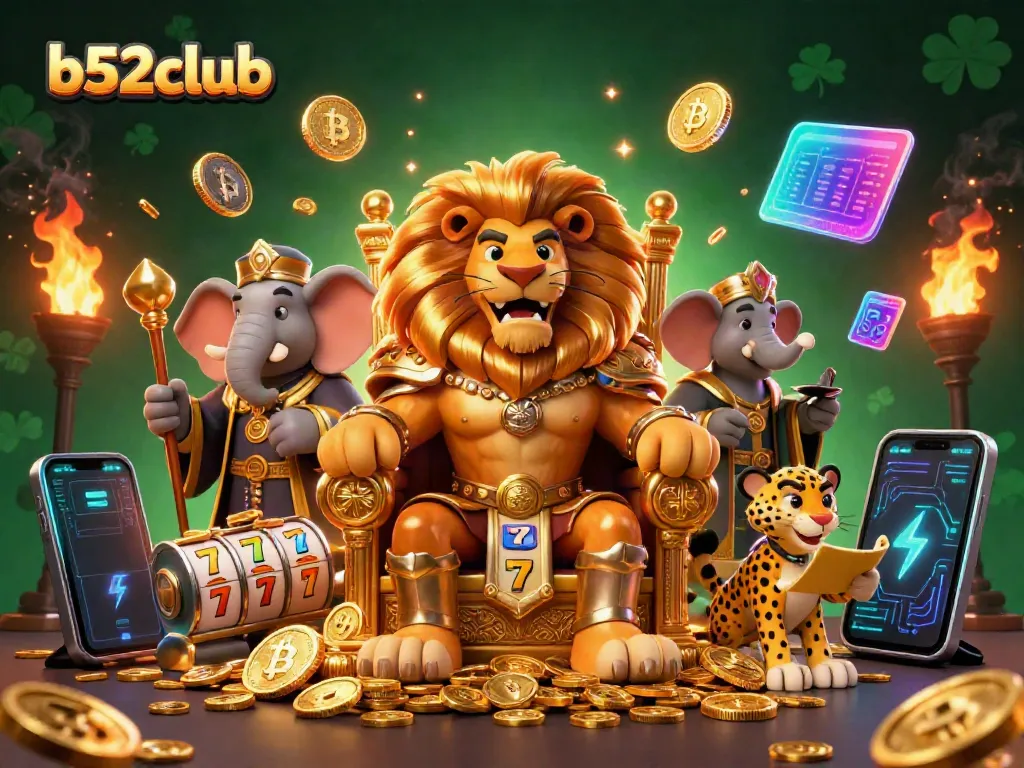 Experience the thrill with b52club in this dynamic casino illustration featuring a regal lion king and vibrant gaming elements.