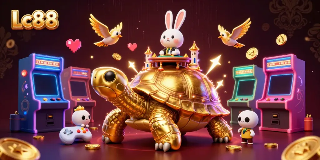 Experience thrilling gaming at Lc88 with a vibrant casino scene featuring a cartoon golden tortoise and games.
