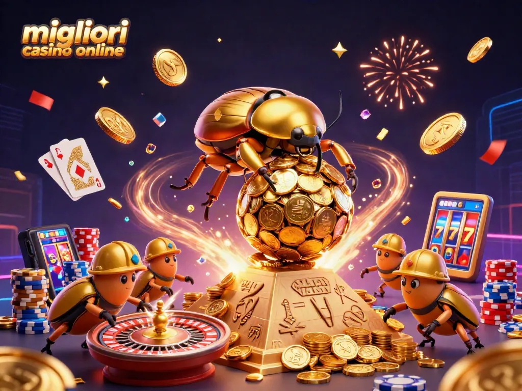 Gioca nei migliori casino online con un'illustrazione vibrante di un coleottero dorato tra simboli di casinò e monete volanti.