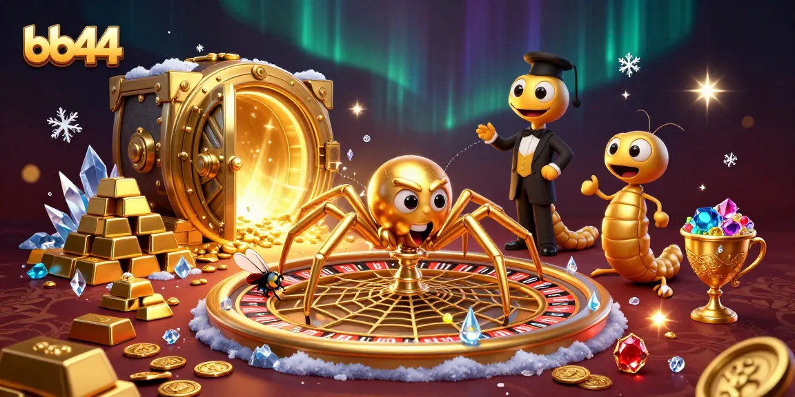 Experience thrilling bets at bb44 with a golden spider and centipede croupier in a lavish casino scene.