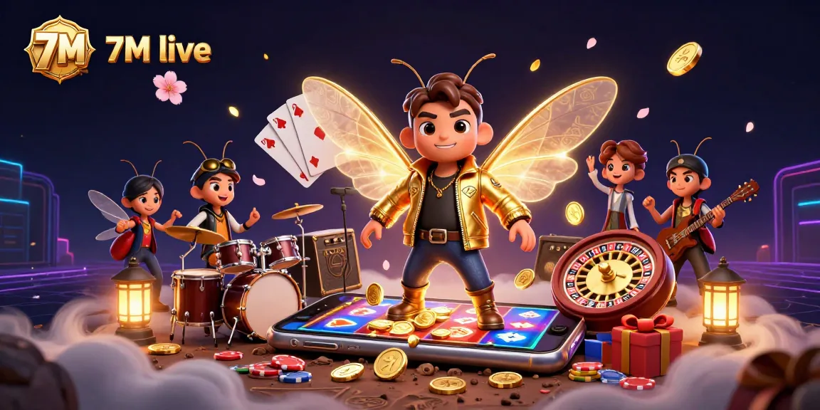 Engage with 7M live scores seamlessly with an energetic scene of a cicada rock star and vibrant gambling elements.
