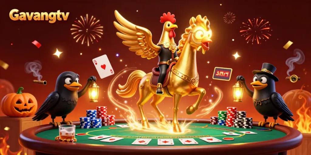 Experience exciting gameplay with Gavangtv as a golden rooster rides through a vibrant casino, surrounded by chips and festive decor.