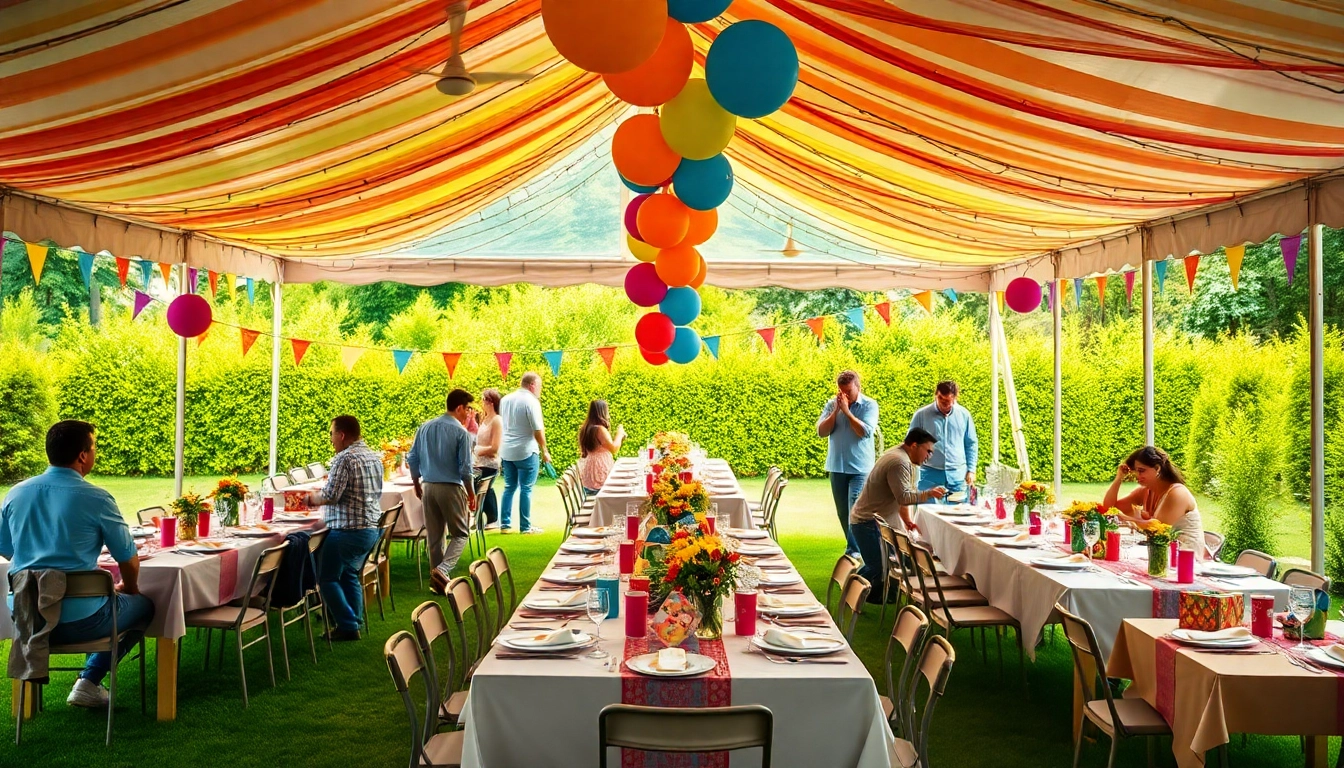 Experience joyful gatherings with Outdoor Party Rentals featuring vibrant decorations and cheerful guests.