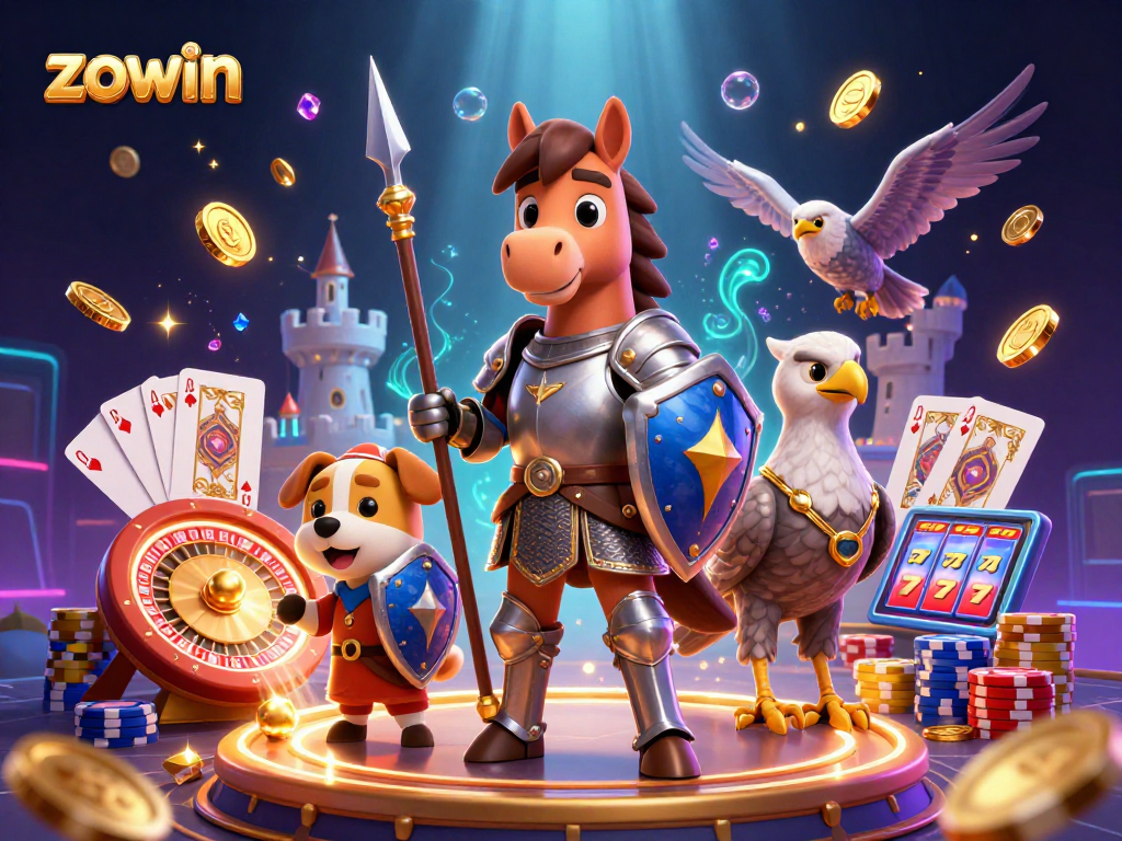 Experience the excitement of gambling with zowin, featuring knights and treasures in a vibrant casino scene.