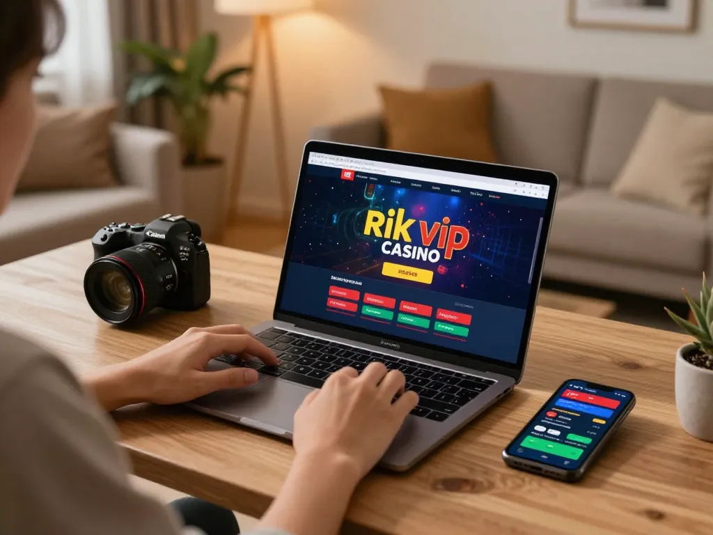 Engaged player enjoying rik vip online casino games on a laptop at home.