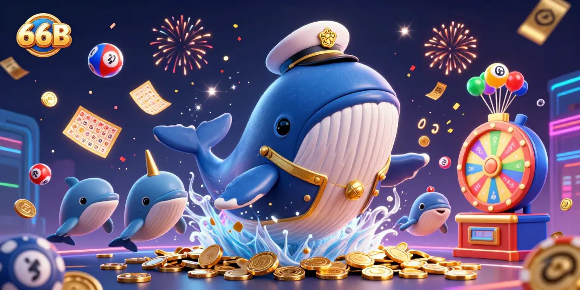 66B captivates with colorful fun, featuring a golden whale, lottery prizes, and animated dolphins.