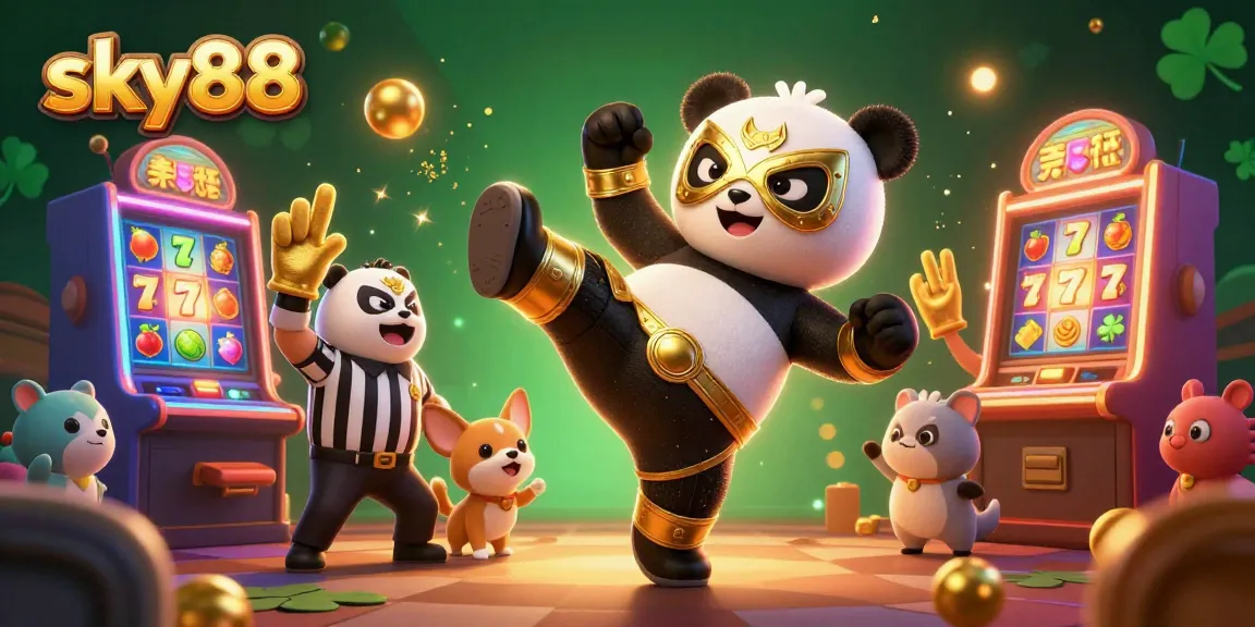 Engage in exciting slots at sky88 with vibrant characters and casino elements in a lively scene.