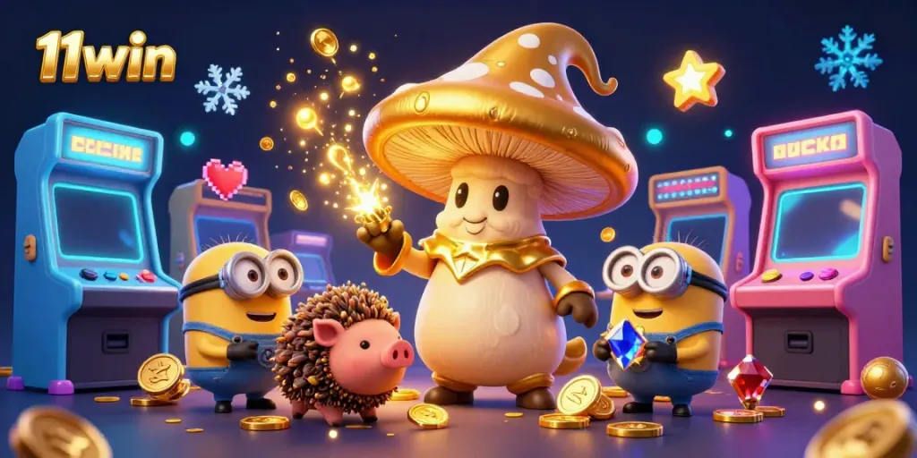 Engage with 11win's magical golden wizard and friends in a vibrant casino adventure.