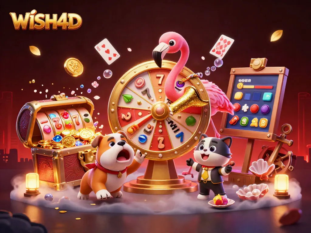 Engage with WISH4D's vibrant 3D illustration showcasing casino excitement with slot reels, prizes, and joyful characters.