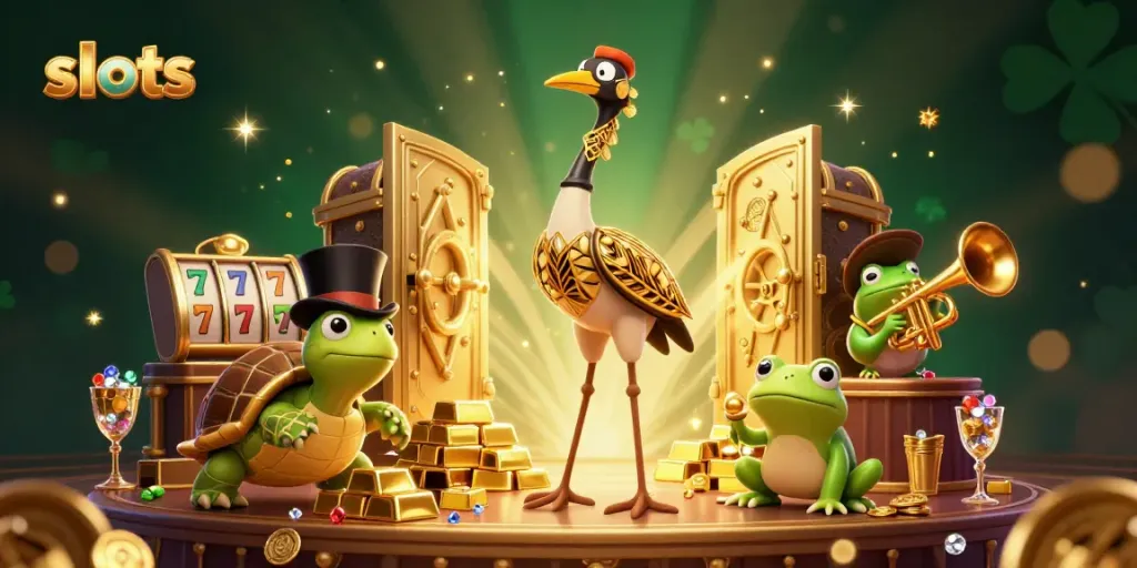 Engage with slots at BIG 777, illustrated with vibrant characters and treasure in a casino scene.