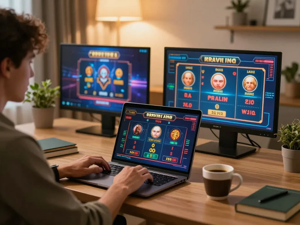 sunwin player engaged in online casino gaming on laptop in a cozy home office.