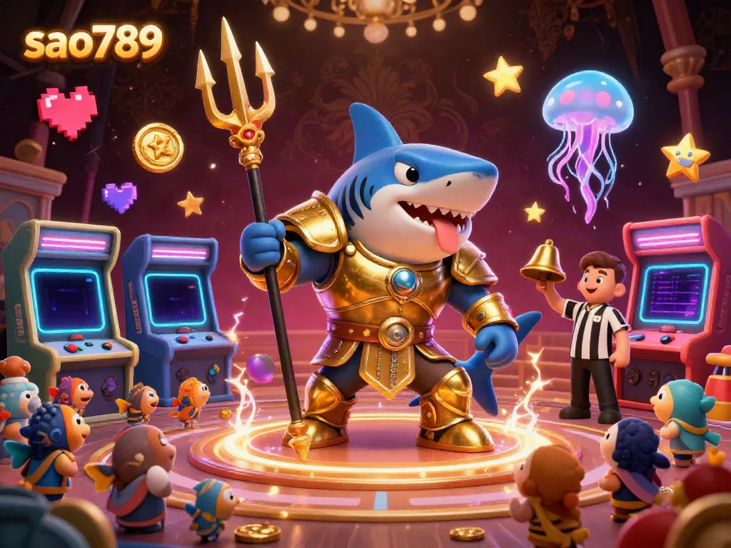 Sao789 showcases an epic underwater casino battle with a golden shark gladiator and arcade elements.