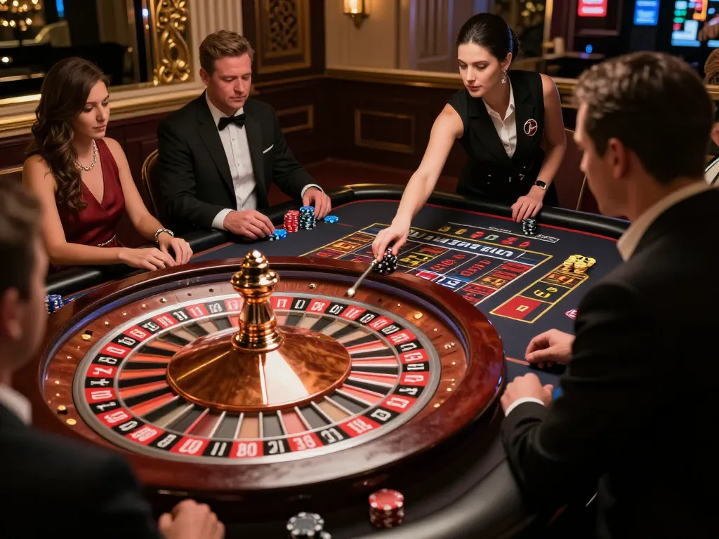 Players placing bets on j88 at a roulette table, croupier spinning the wheel in an upscale casino setting.