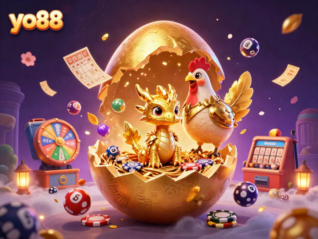 Engage in thrilling play at yo88 with a golden dragon and poker chips under dynamic festive elements.