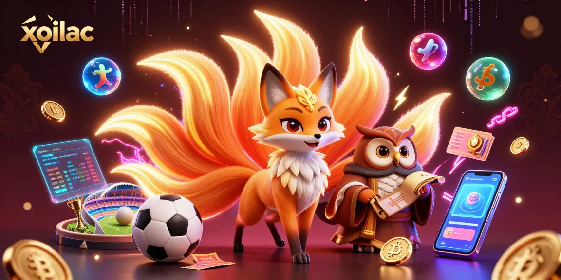 Bet on sports matches with xoilac, featuring a vibrant illustration of a nine-tailed fox and wise sage.