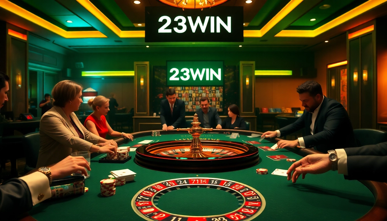 Exciting scene of players engaged in a high-stakes game at 23WIN casino table with poker chips and cards.