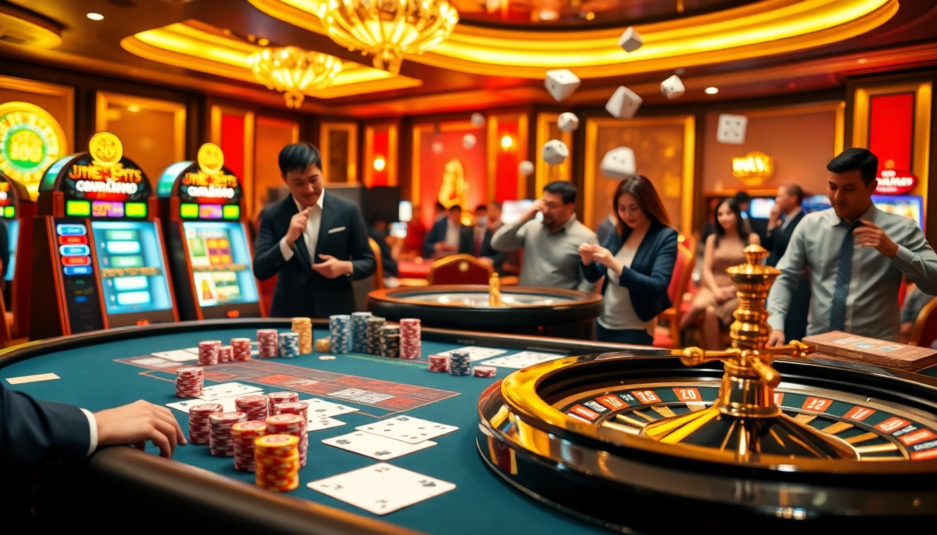 Experience the excitement of 68 game bài with vibrant casino tables showcasing poker chips and roulette wheels.