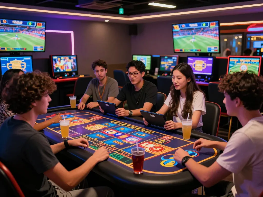 Exciting online gambling scene at VN88 showcasing friends enjoying interactive gaming with colorful digital displays