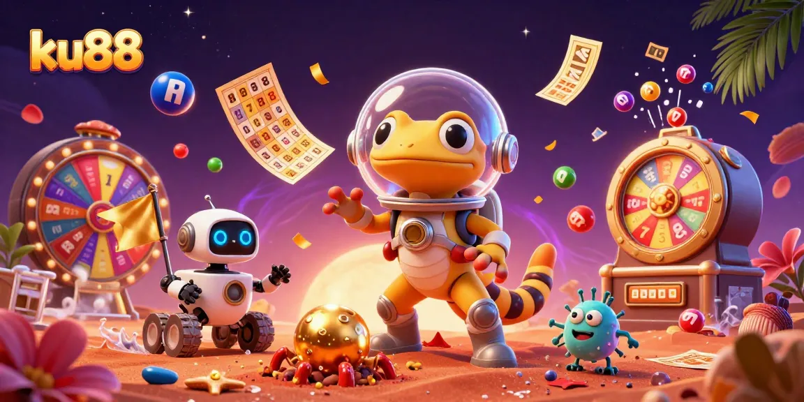 Join the adventure with the ku88 Martian gecko as it discovers a golden casino, surrounded by dynamic gambling elements.