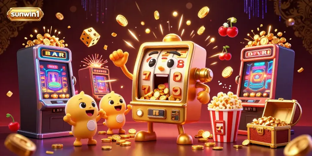 Experience excitement with the sunwin1 slot machine jackpot event, featuring lively animated characters.