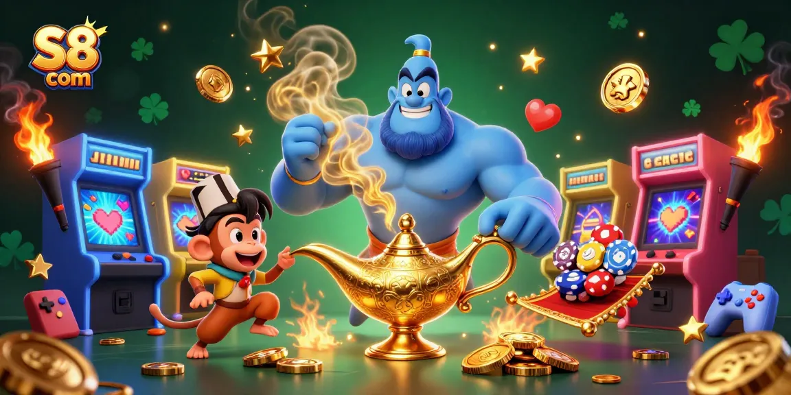 Experience the excitement at S8 com with this vibrant casino scene featuring a genie and magical elements.