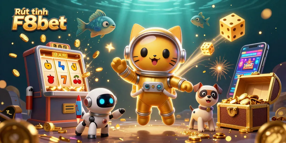 Experience Rút tiền F8bet with an animated scene featuring a golden astronaut cat and gaming elements.