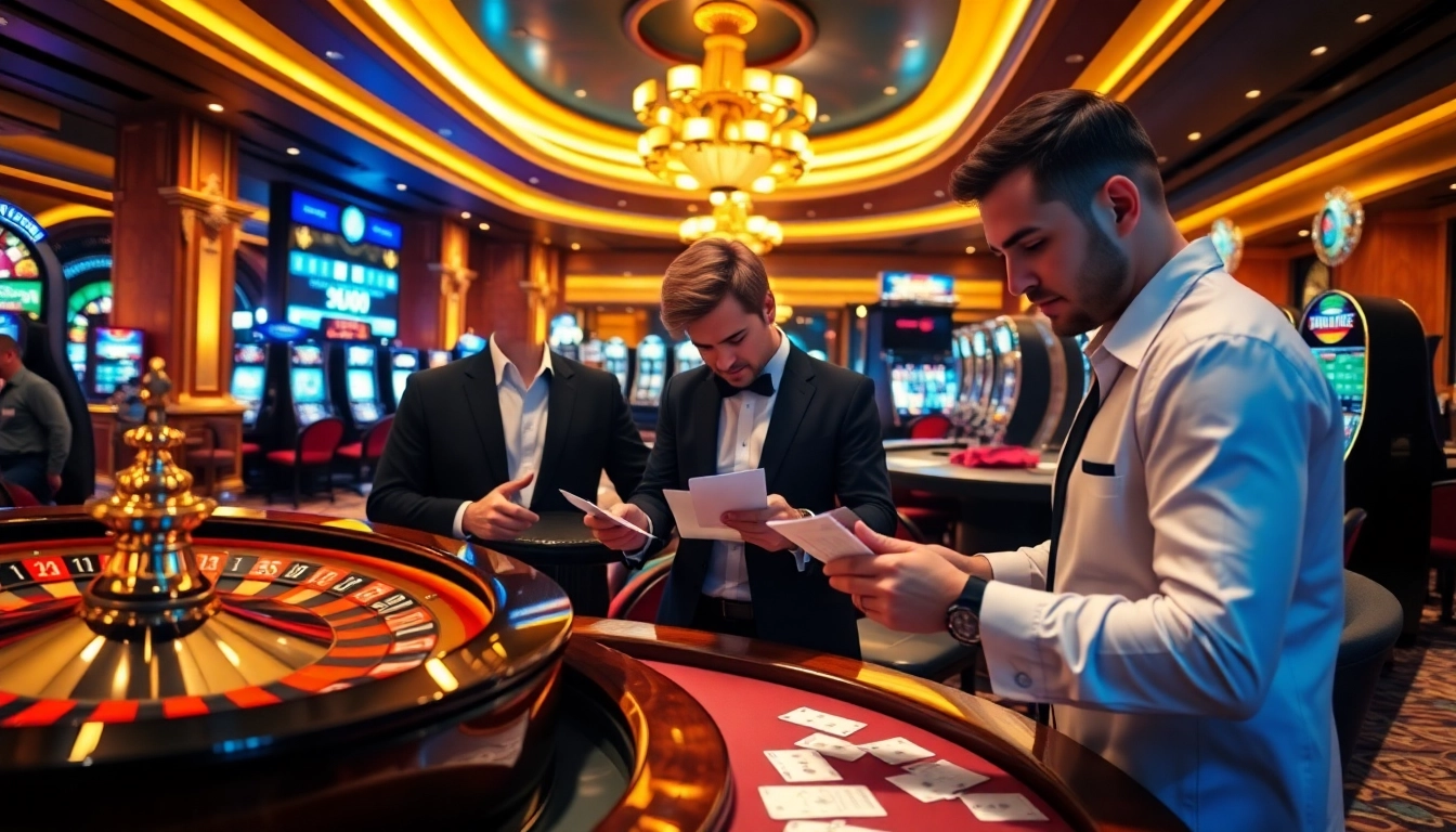 Experience the thrilling atmosphere of a casino with f168 link không bị chặn, showing players engaged in various games.