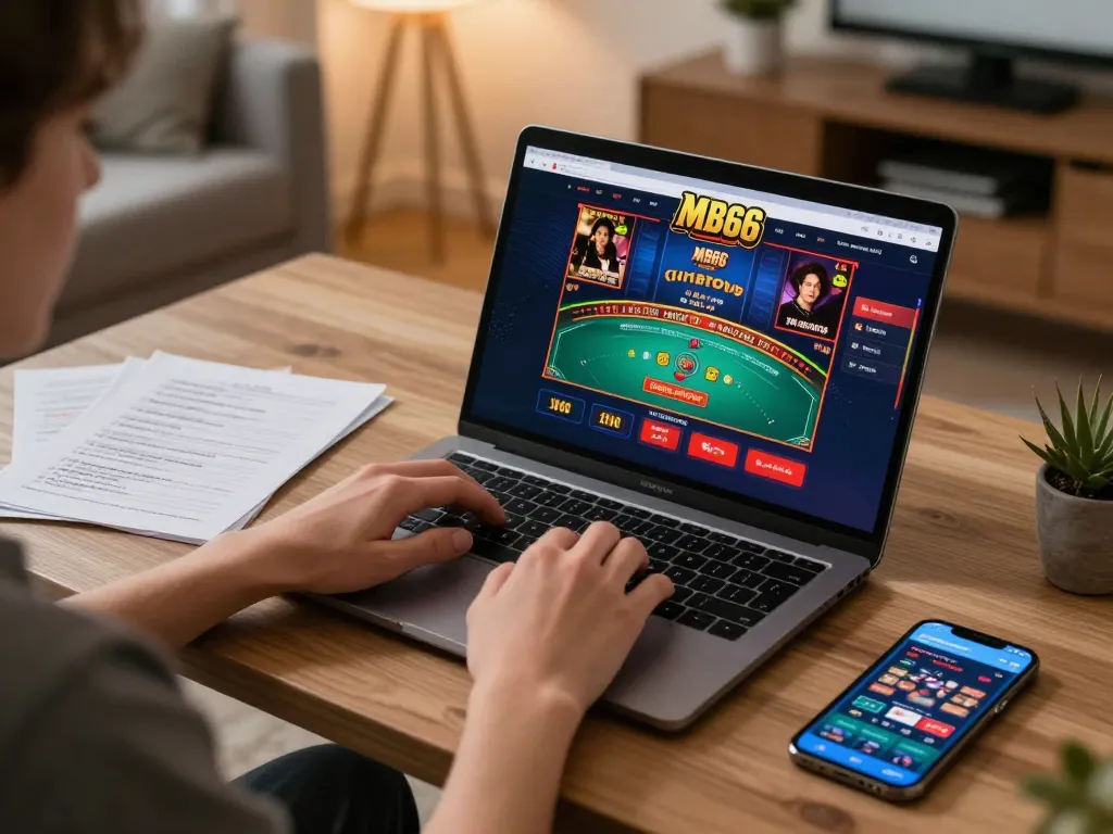 Player engaging with the mb66-t casino platform on laptop, showcasing online gameplay and strategy.