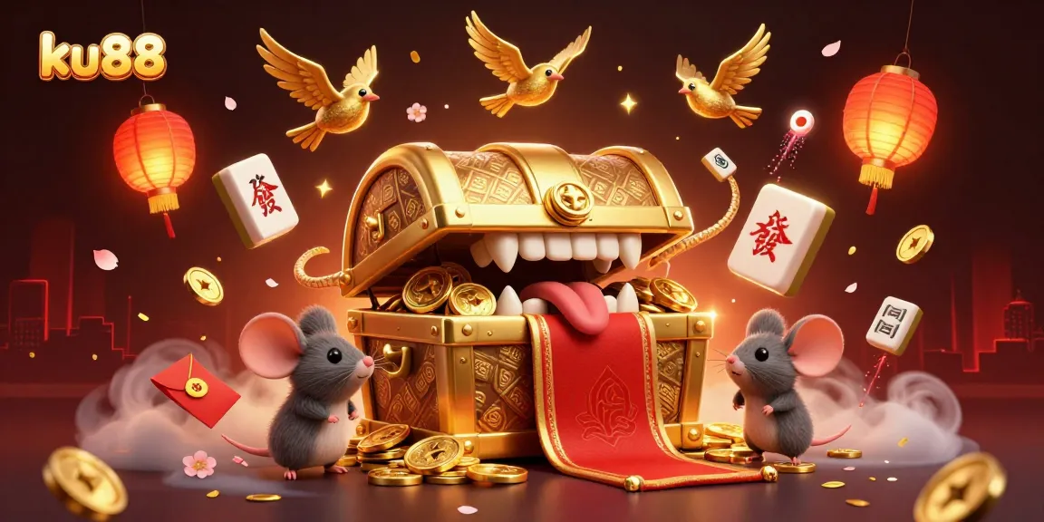 Engage with the exciting treasure chest of ku88, featuring coins and adventurous mice in a vibrant casino scene.