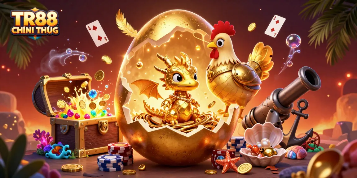 Experience winning with TR88 CHÍNH THỨC in a vibrant 3D casino-themed illustration, showcasing poker and treasure elements.