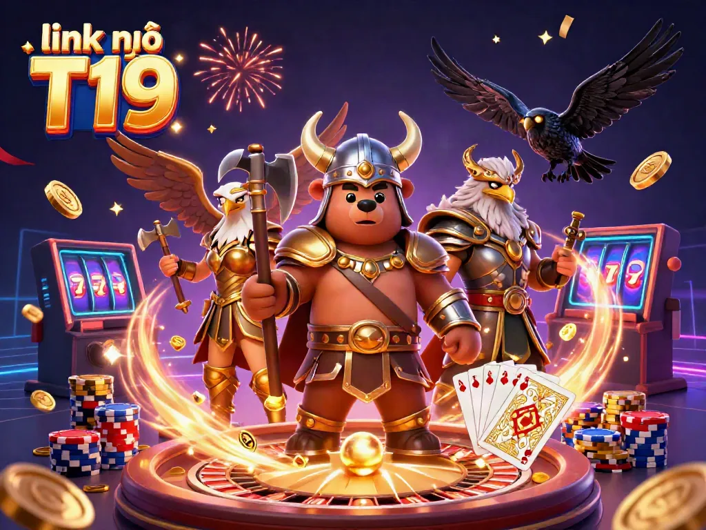 Experience the excitement of link vào T19 with a Viking bear and Valkyrie eagle amid vibrant casino elements.
