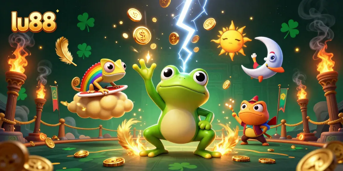 LU88 players enjoy thrilling wins amidst a golden coin storm, engaging in vibrant gaming.