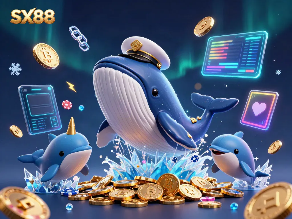 Engage in thrilling gaming adventures at SX88 with cartoon whale, poker chips, and vibrant crypto elements.