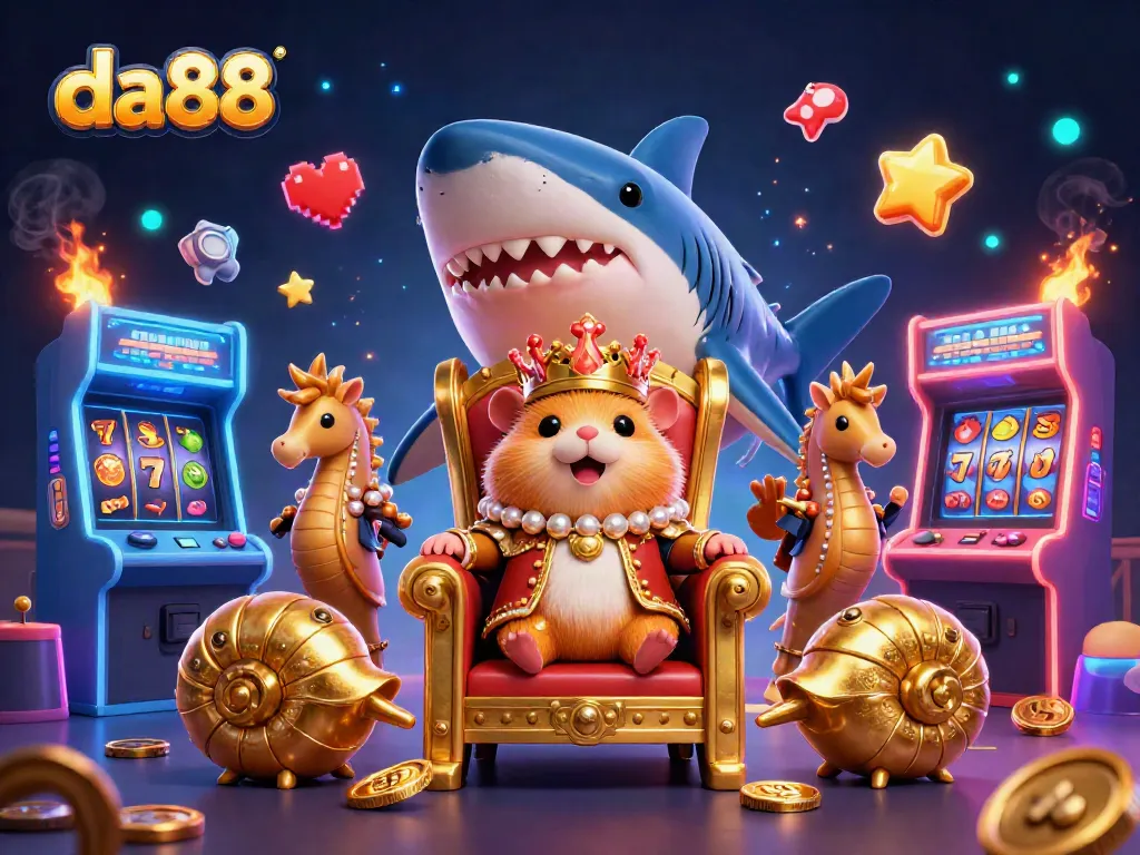 Engaging scene of da88 featuring golden hamster king on a megalodon throne surrounded by vibrant casino elements