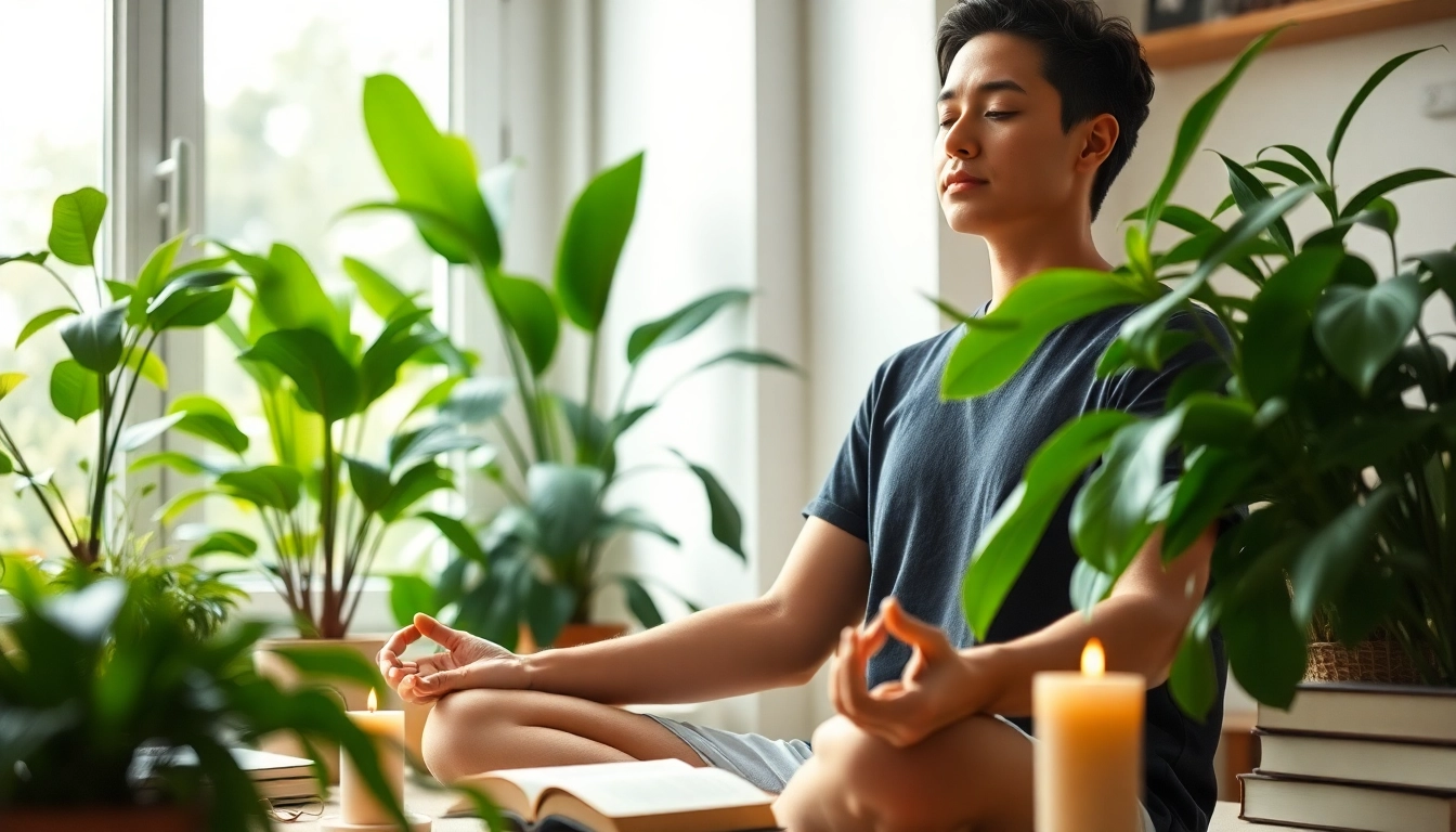 Meditating individual alleviating stress and anxiety in a serene indoor space.