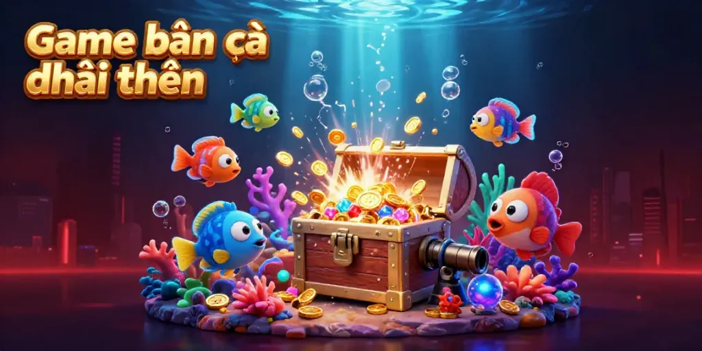 Engaging underwater scene of Game bắn cá đổi thưởng featuring colorful fish and a dynamic cannon, perfect for players seeking adventure.