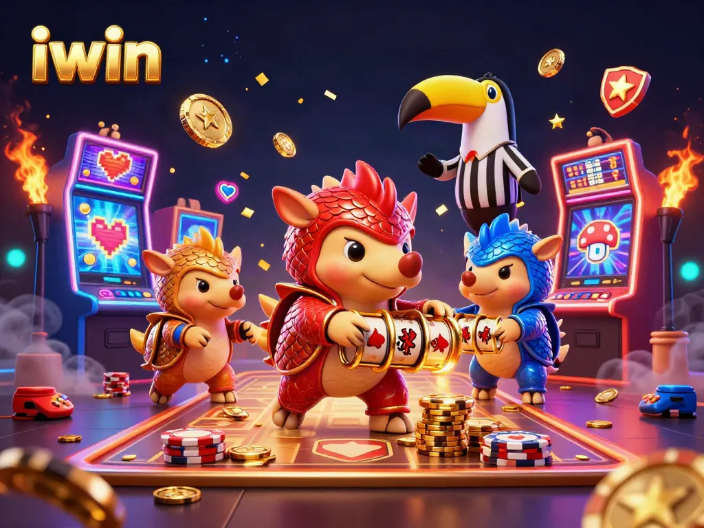 iwin pangolins compete in a dynamic casino scene with vibrant slot machines and glowing coins.