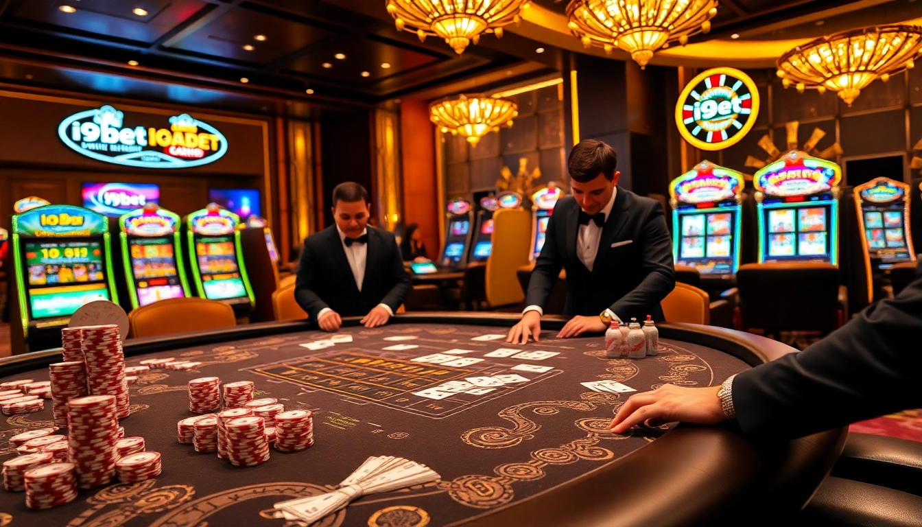 Experience the excitement of i9bet with a dynamic casino gaming scene featuring players and exquisite tables.