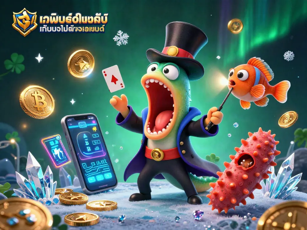 ภาพการแสดงของ เว็บพนันออนไลน์ เว็บตรงไม่ผ่านเอเย่นต์ พร้อมสัตว์ทะเลและเหรียญคริปโต