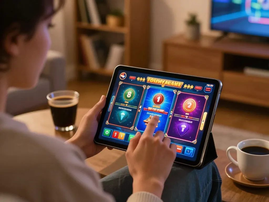 Engaging with F8bet slot games on a cozy tablet setup at home, promoting responsible gaming and excitement.