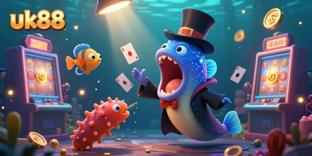 Experience the thrill of uk88's online casino with vibrant slot reels and enchanting underwater characters.