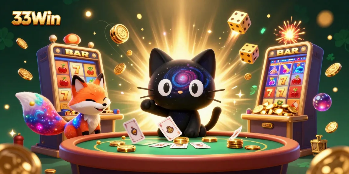 Experience 33Win with a cosmic casino scene featuring a black hole cat and nebula fox.