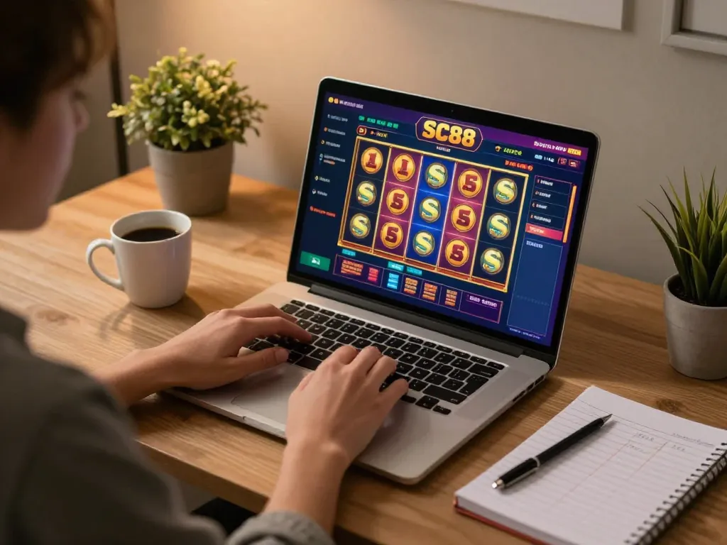 Player engaging in SC88 online casino gameplay, vibrant slots displayed on laptop in cozy home setting.