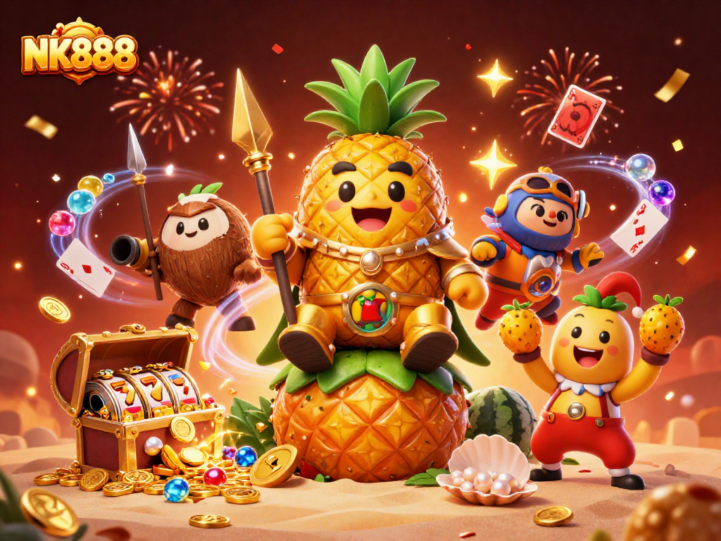 Engage in thrilling gameplay with NK888's casino offers, featuring colorful slot symbols and vibrant characters.