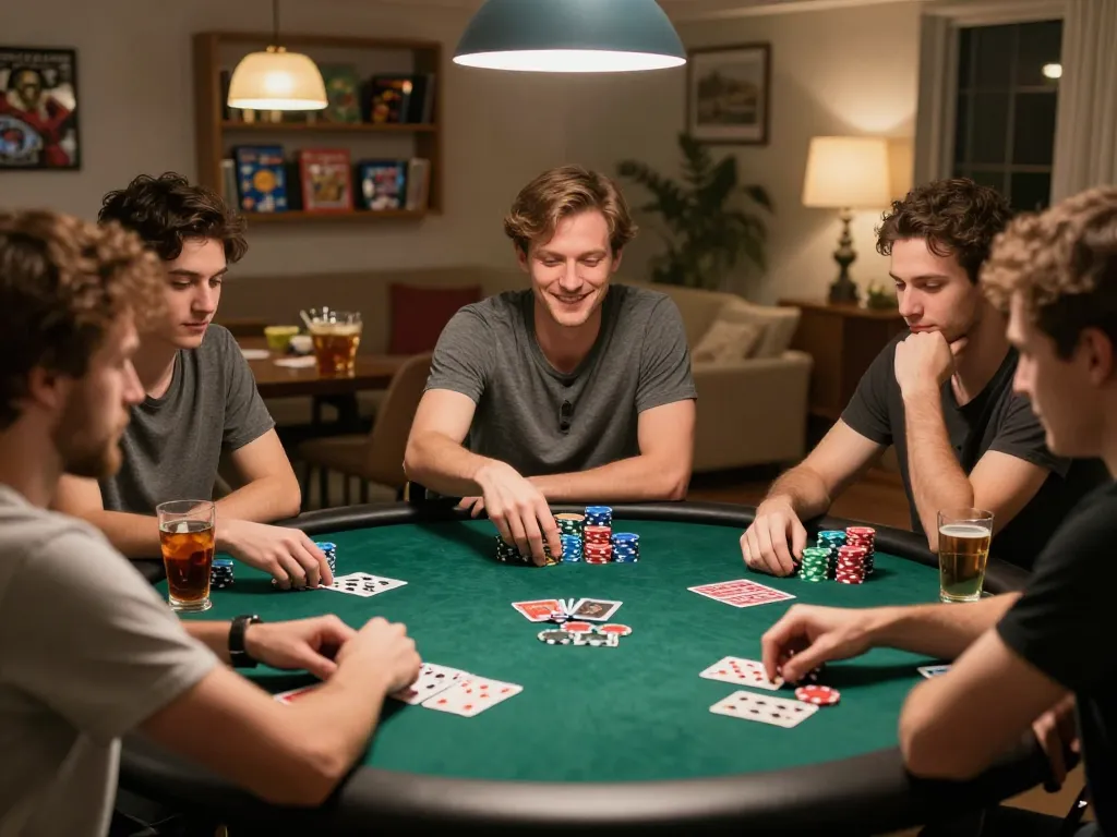 Nha cai uy tin poker night scene with friends calculating odds and enjoying a friendly game