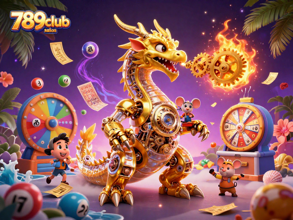 Experience thrilling gaming at 789club salon with vibrant lottery balls, a mechanical dragon, and dynamic elements.