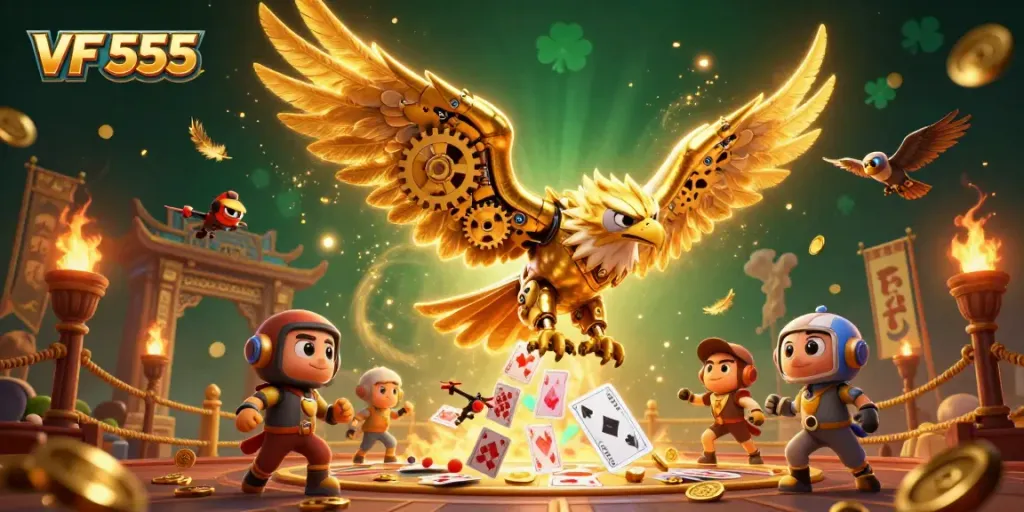 Experience excitement at VF 555 with a dynamic scene of a cybernetic eagle amidst casino elements.