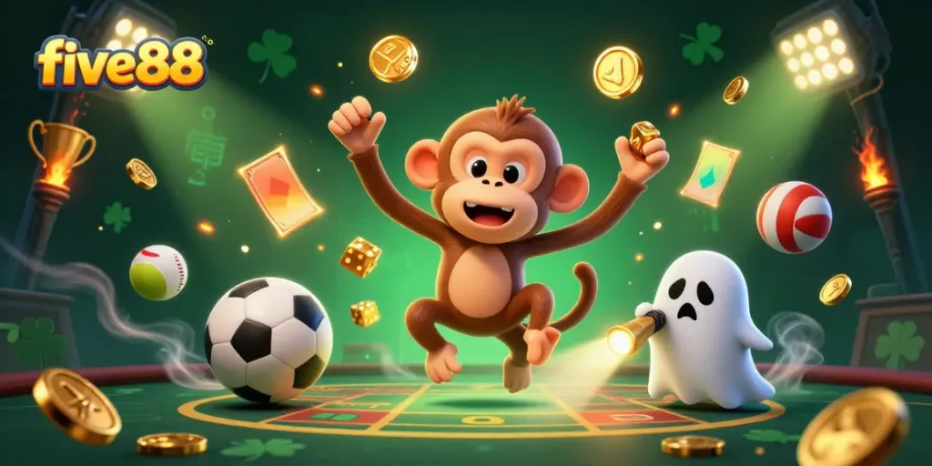 Experience the thrill of five88 with golden gaming elements and a playful poltergeist monkey.