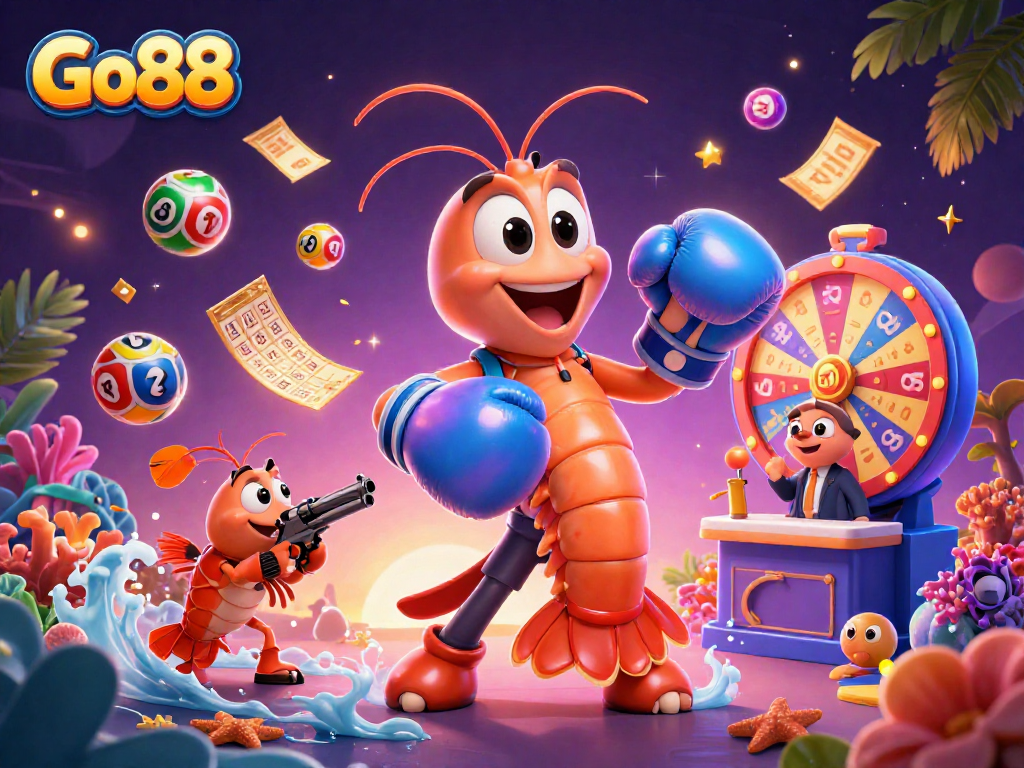 Experience thrilling moments at Go88 with vibrant lotto elements and lively game characters.